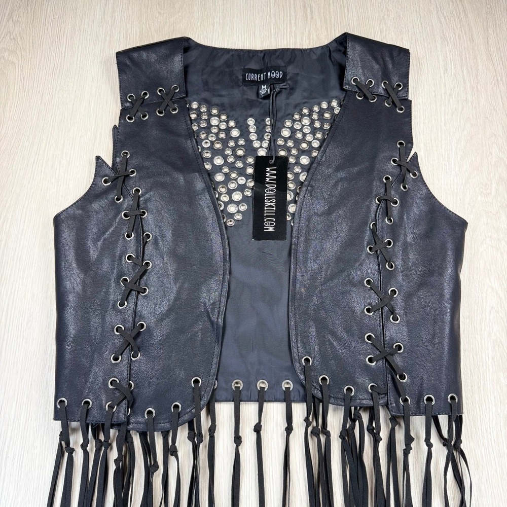 Current Mood Black Faux Leather Grommet Fringe Vest Festival WesternMedium